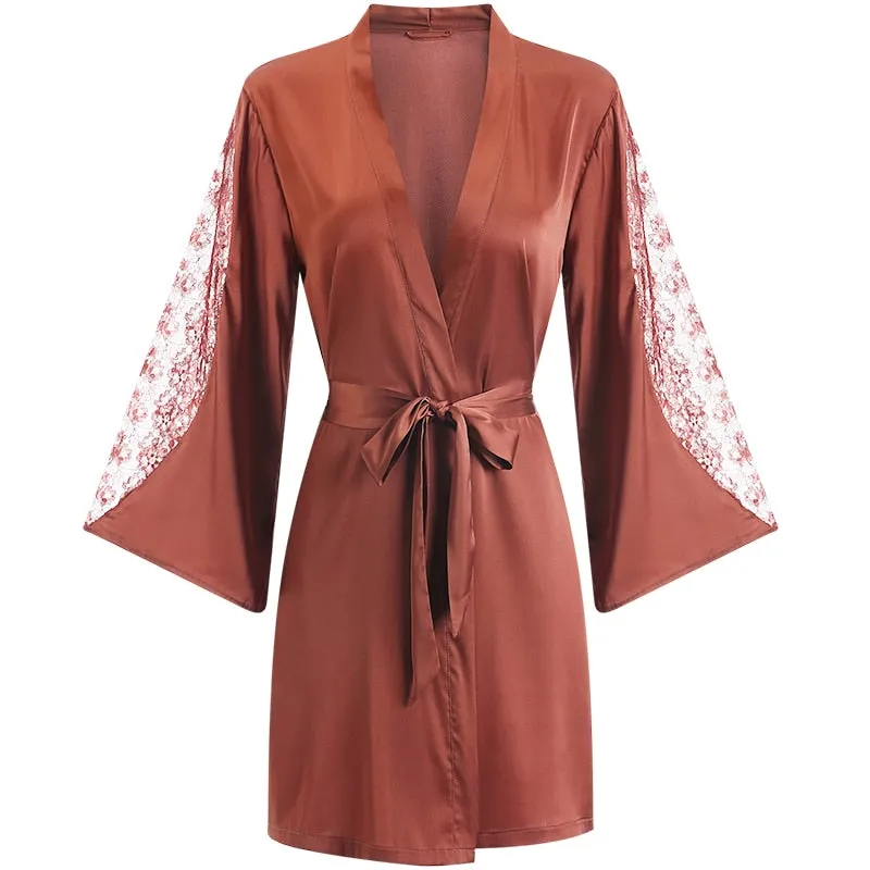 CINOON Sexy Female Sleepwear Silk Robe Set Summer Kimono Bathrobe Lace Bath Gown Wedding Night Dress Home Clothes Nightwear
