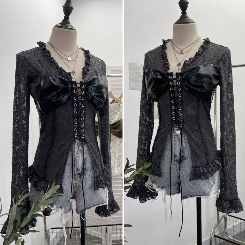 Uveng Real Shooting V Tie With Retro 2024 New Hottie Sexy Lace Splicing Pu Skin Hollow Shirt Top 6108