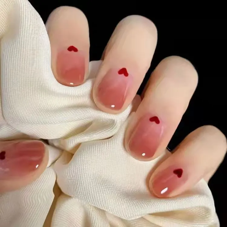 24Pcs Coffee Color With Grids Heart Designs False Nail Full Cover Fake Nails with Glue Detachable Wearable Manicure Nail Tips-Nail Inspo