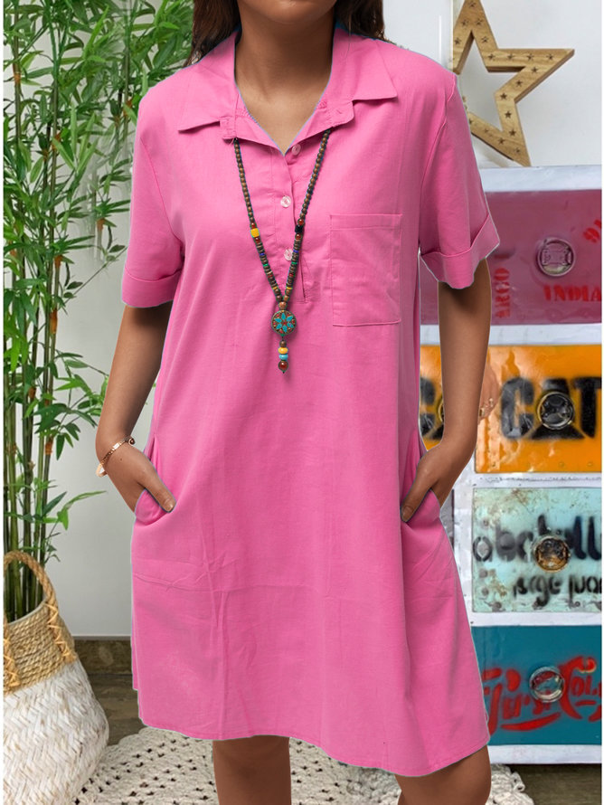 Plus Size Summer Solid Color Loose Shoulder Short Sleeve Pocket Casual Dress