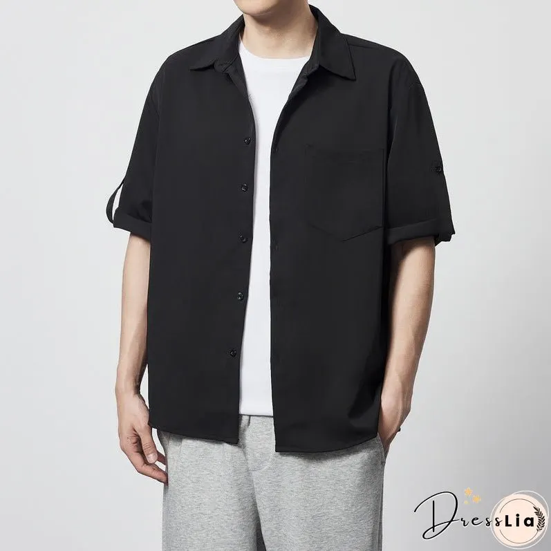 Minimalist Basic Solid Color Short Sleeve Shirt Loose Twill