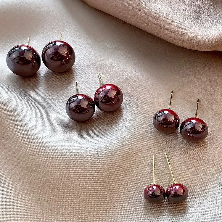 Wine Red Pearl Stud Earrings for Women