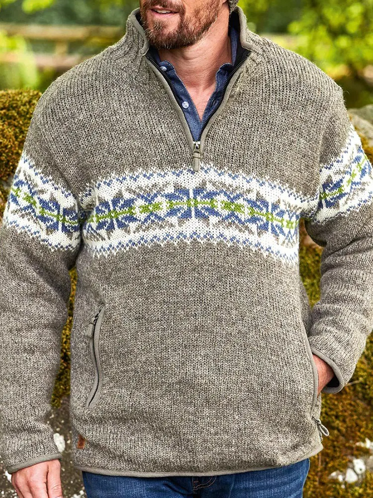 Retro Warm Knitted Contrast Jacquard Iceland Half Zip Collar Sweater
