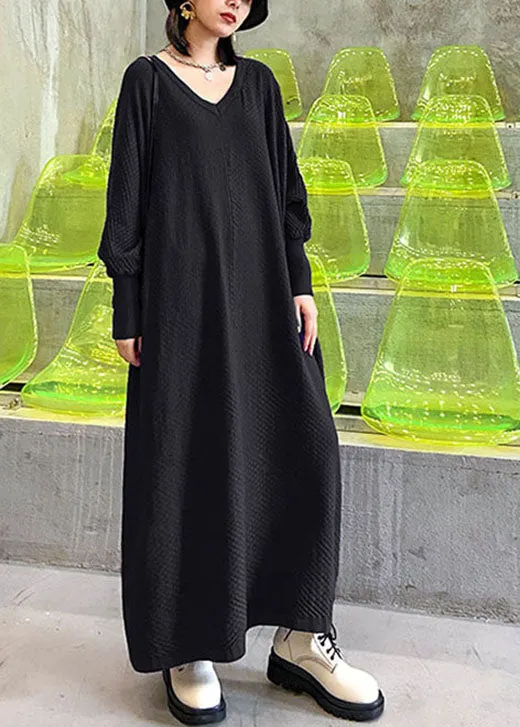 French Black V Neck knitting Cotton Casual Fall Knit Dress
