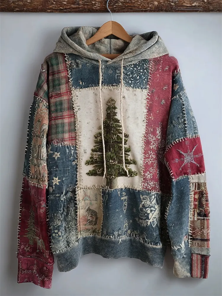 Vintage Christmas Tree Plaid Colorblock Patchwork Hoodie