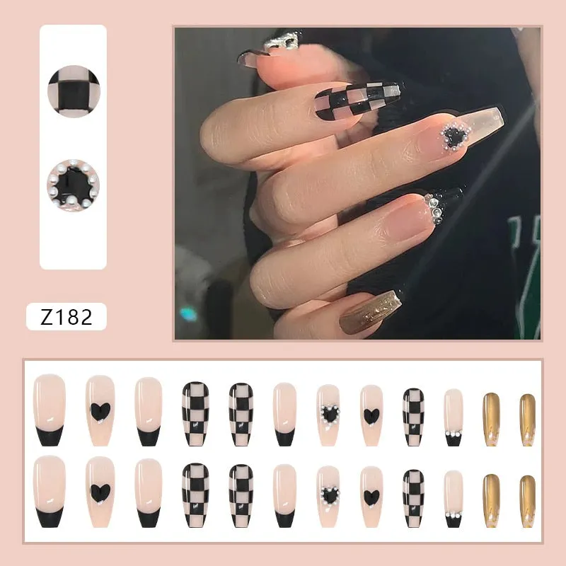 24Pcs Coffee Color With Grids Heart Designs False Nail Full Cover Fake Nails with Glue Detachable Wearable Manicure Nail Tips-Nail Inspo