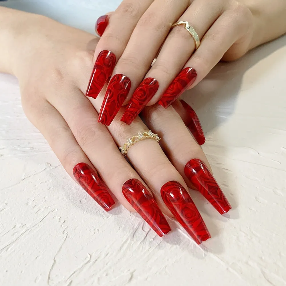24Pcs Detachable False Nails Long Ballerina Artificial Fake Nails Full Cover Jelly Red Coffin Nail Tips DIY Manicure Tool 515-Nail Inspo