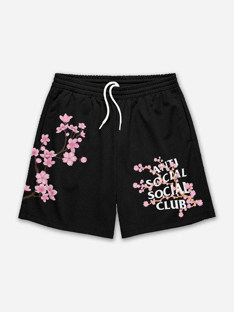 Vintage Floral Letter Graphics Mesh Shorts