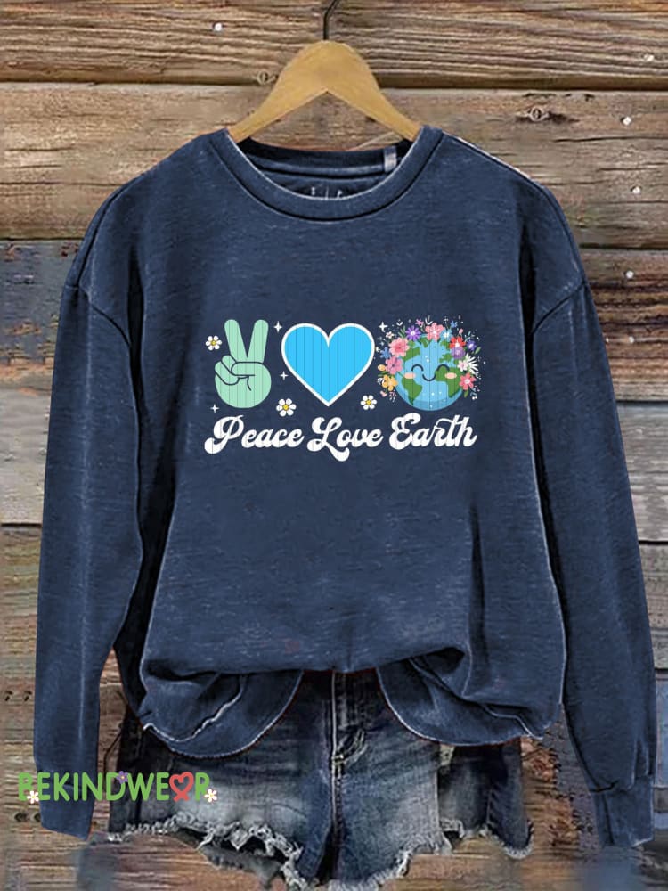 Peace Love Earth Printed Casual Sweatshirt NavyBlue / S