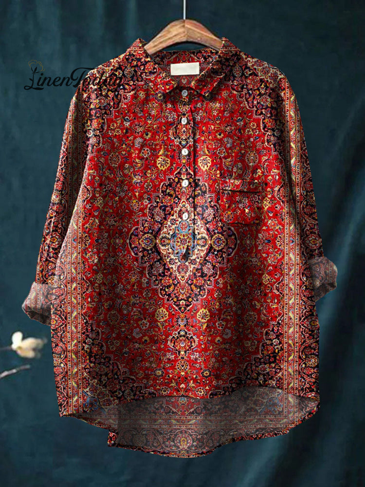 Women&rsquo;s Vintage Art Print Casual Cotton And Linen Shirt Multicolor / 5Xl