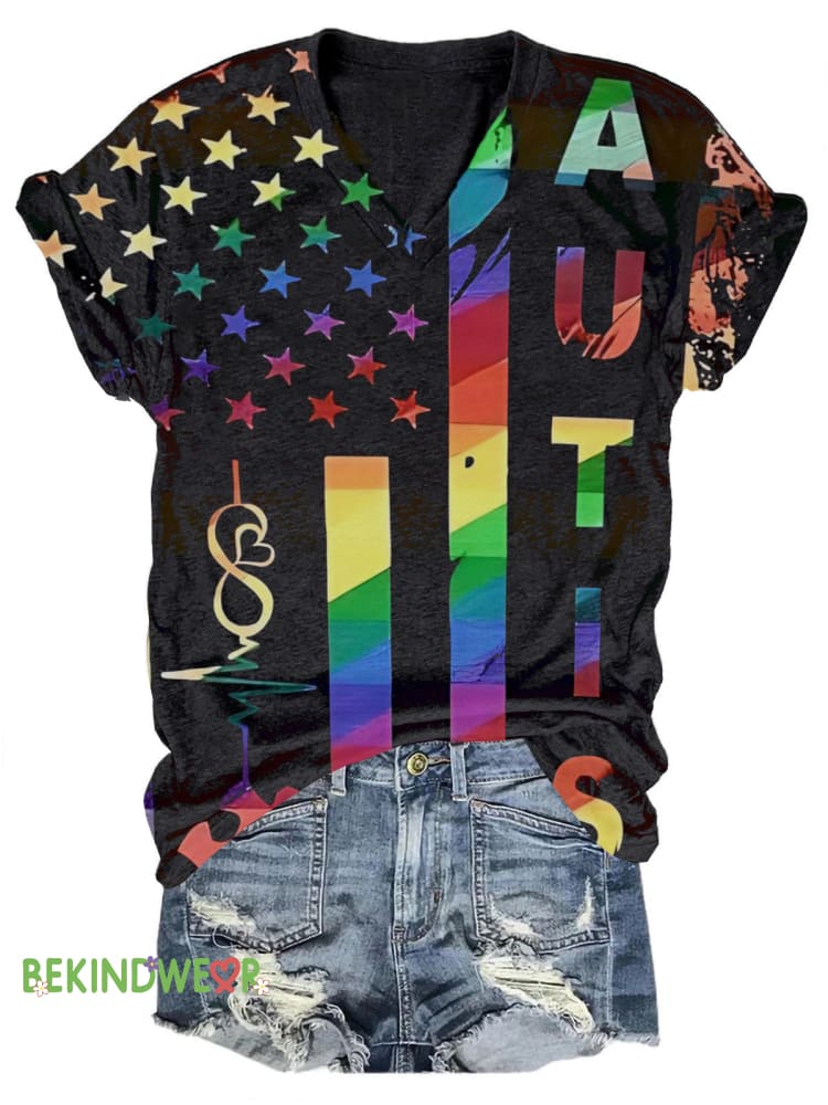 Autism Flag Print Casual V-Neck Short Sleeve T-Shirt Multicolor / S