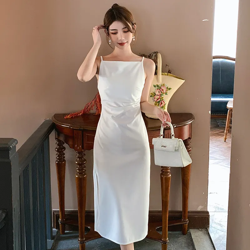 Brownm Summer Elegant Women Evening Dress Simple Solid Sexy Strap Slim Slit Midi Party Club Beach Prom Robe Femme Mujer Vestidos