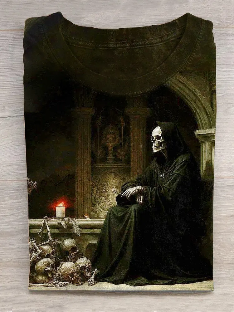 Unisex Halloween Grim Reaper Print Casual T-Shirt