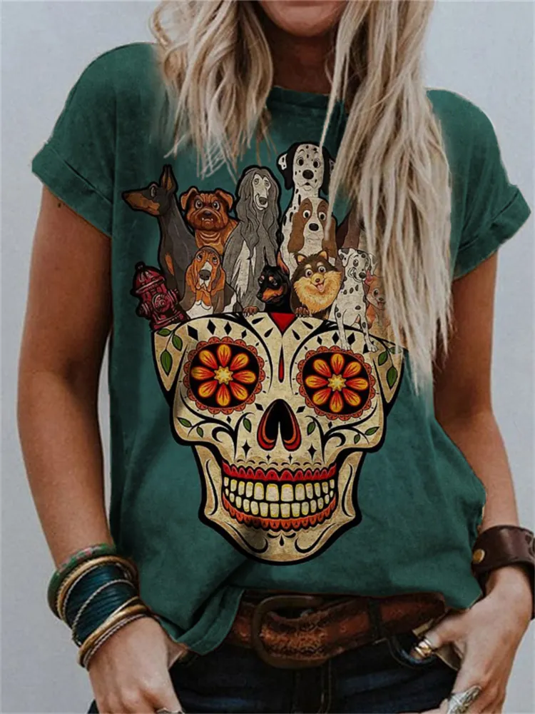 Vintage Lovely Dogs Sugar Skull Crew Neck T Shirt