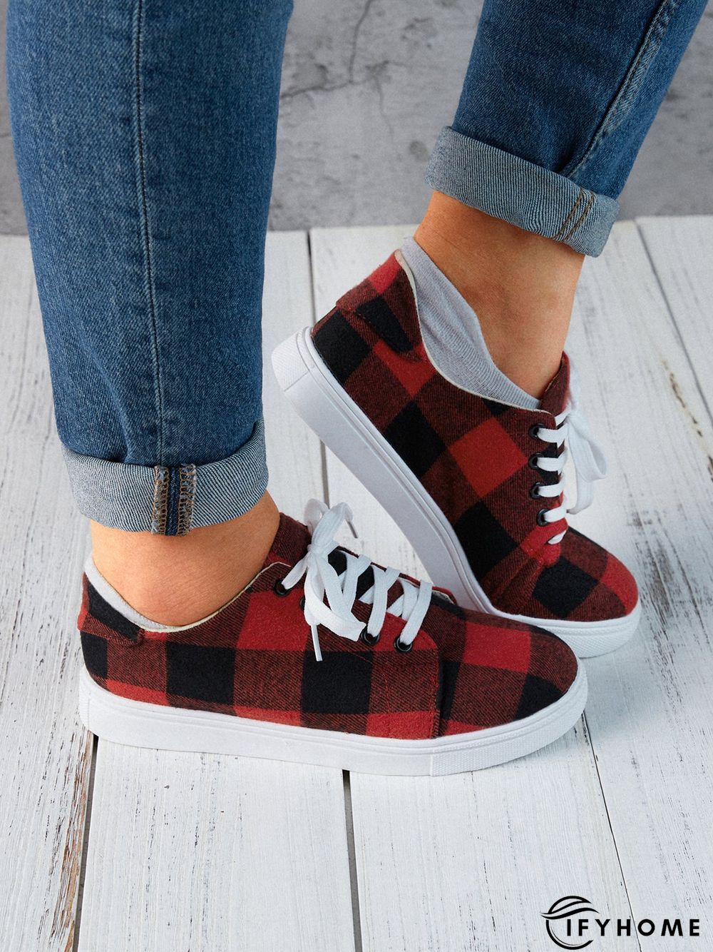 Christmas Red Plaid Black And White Plaid Leopard Casual Flat Shoes | IFYHOME