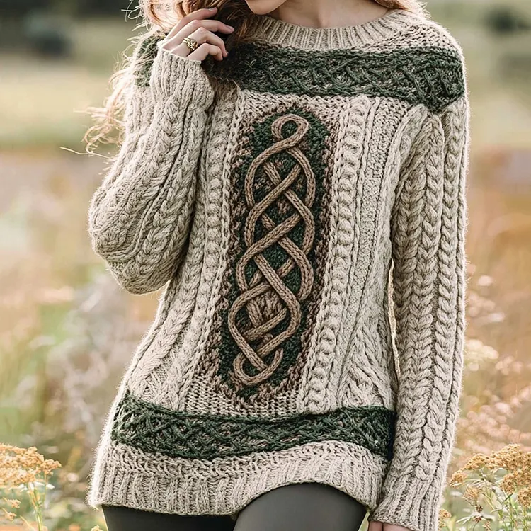 Women's Irish Celtic Knot Jacquard Contrast Sweater
