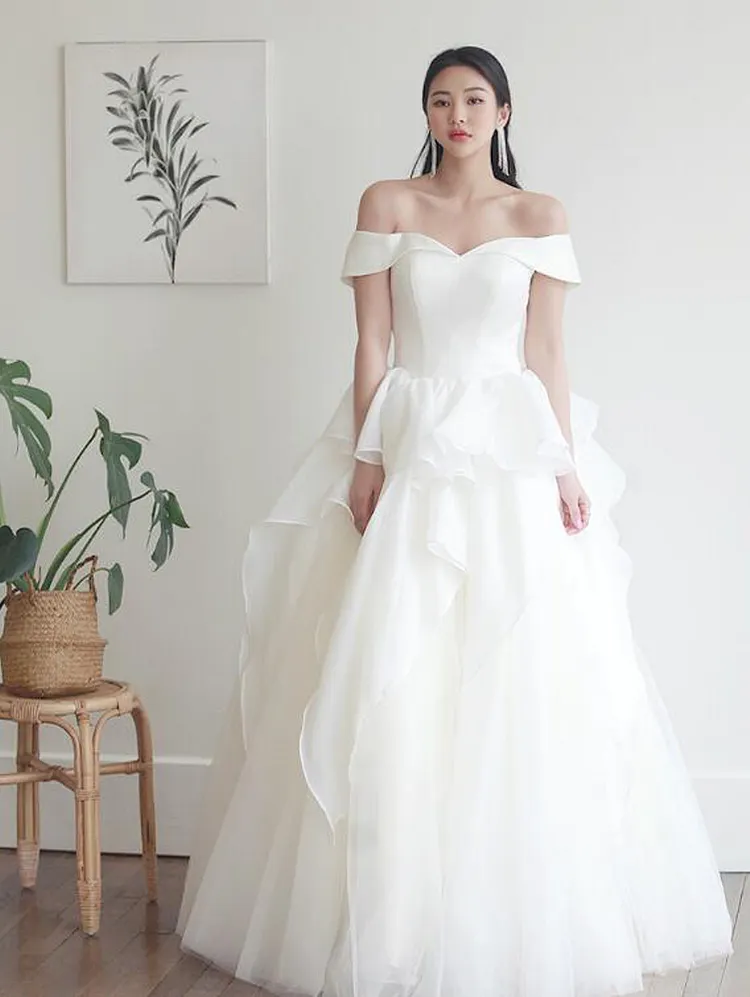 Off Shoulder Satin A Line Wedding Dress Tiered Tulle Simple Long Bridal Gowns