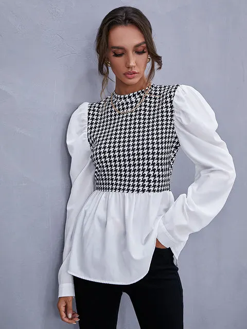 Women Elegant Houndstooth Shirt Ruffle