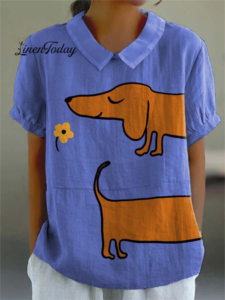 Women&rsquo;s Vintage Lovely Dachshund Art Print Casual Cotton And Linen Shirt Blue / S