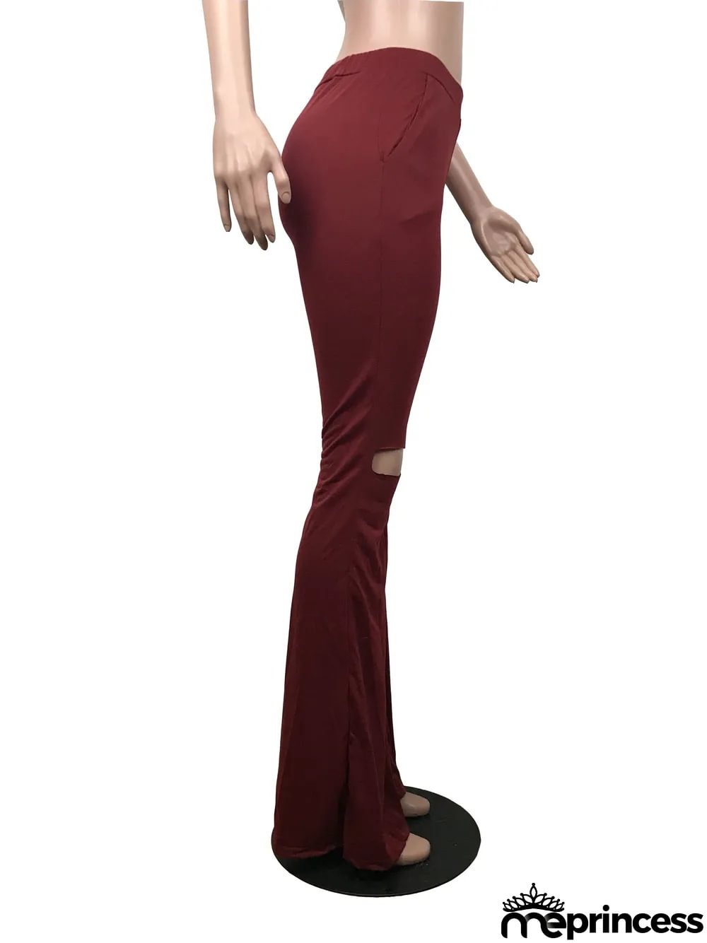 Solid Color High Waist Ripped Flare Pants