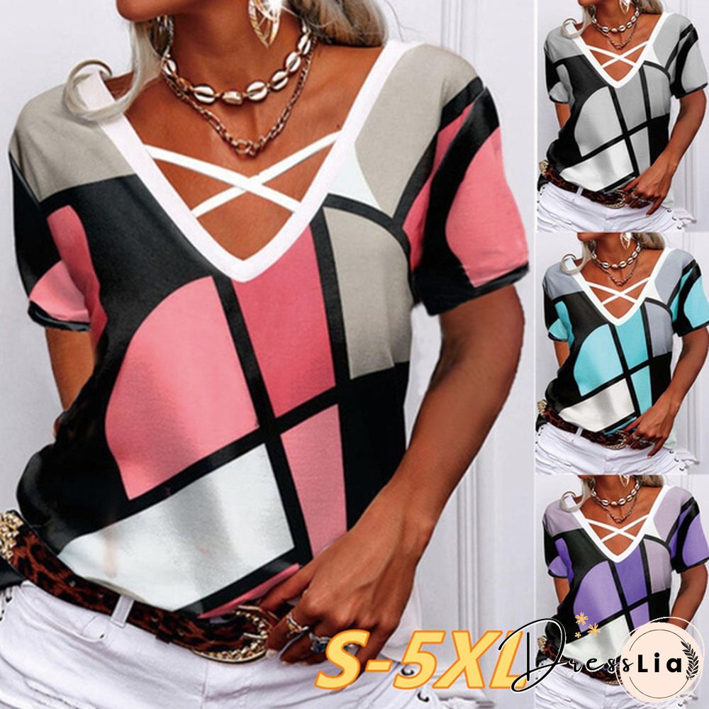 Summer New Fashion Women's Soft and Comfortable Short Sleeve V-neck Casual T-shirt Loos Plus Size Printed T-shirt S-5XL