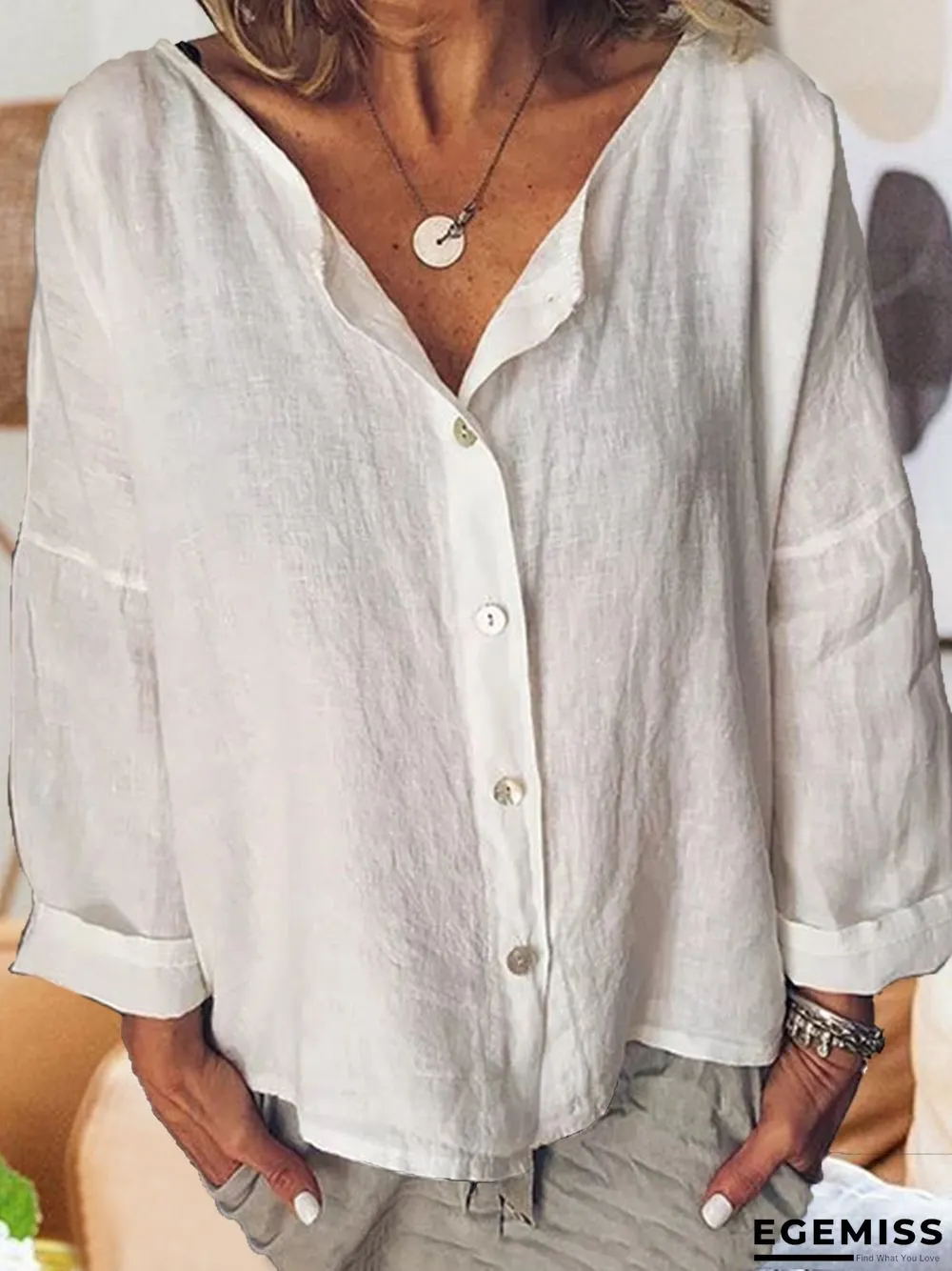 Long Sleeve Solid Shirts Plus Size Blouses Linen | EGEMISS