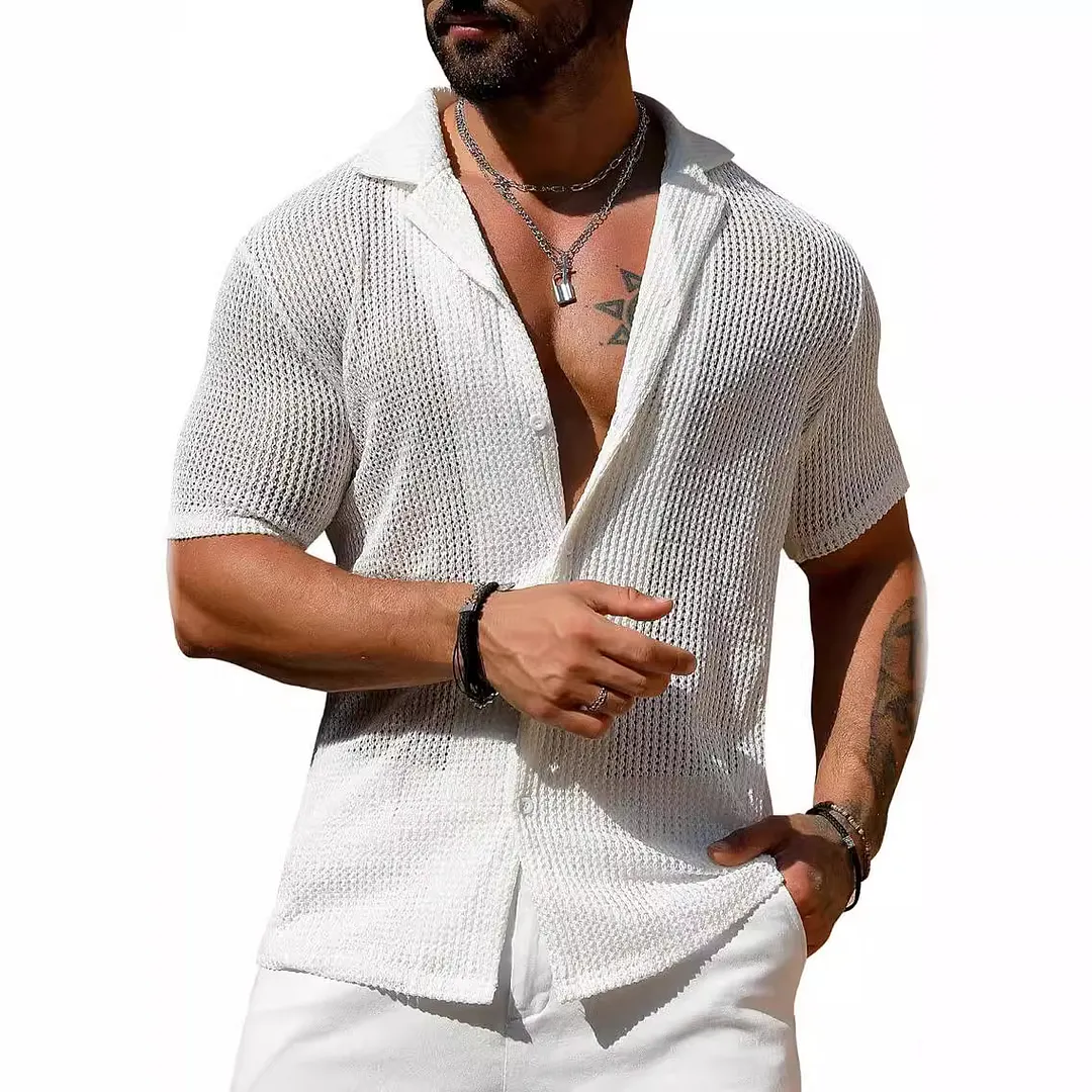Brownm Brownm Men's Summer Cool Shirt Men's Casual Knit Hollow Out Breathable Short Sleeved Lapel Fashion Men's Wear