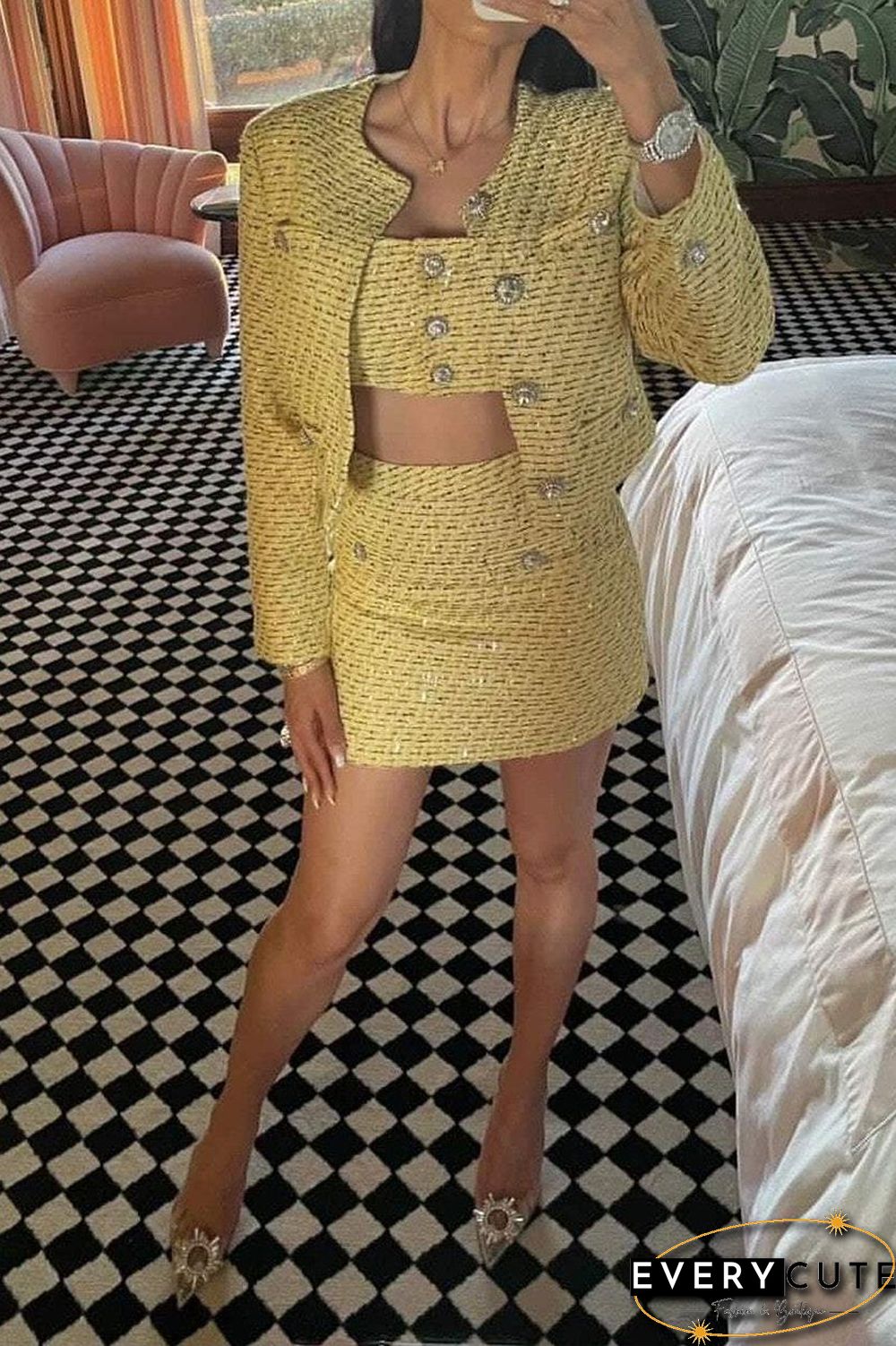 Confident Womens Tweed Blazer And Skirt Suits Plaid