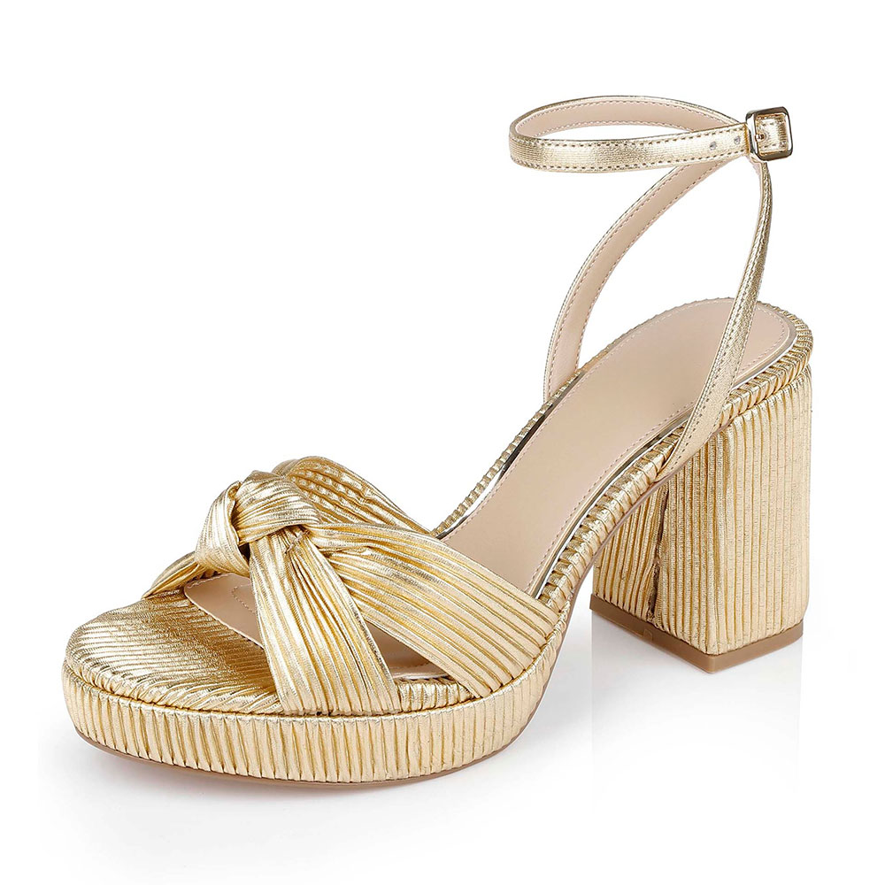 Gold Knot Block Heel Ankle Strap Pleated Detail Platform Sandals Nicepairs