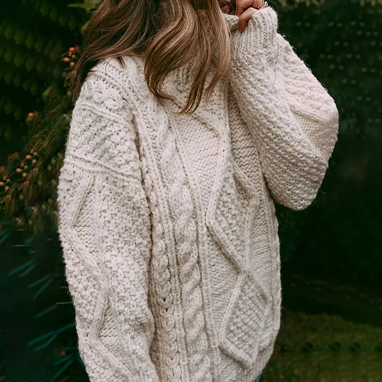 Woman Aran Jacquard Weave Cozy Warm Sweater