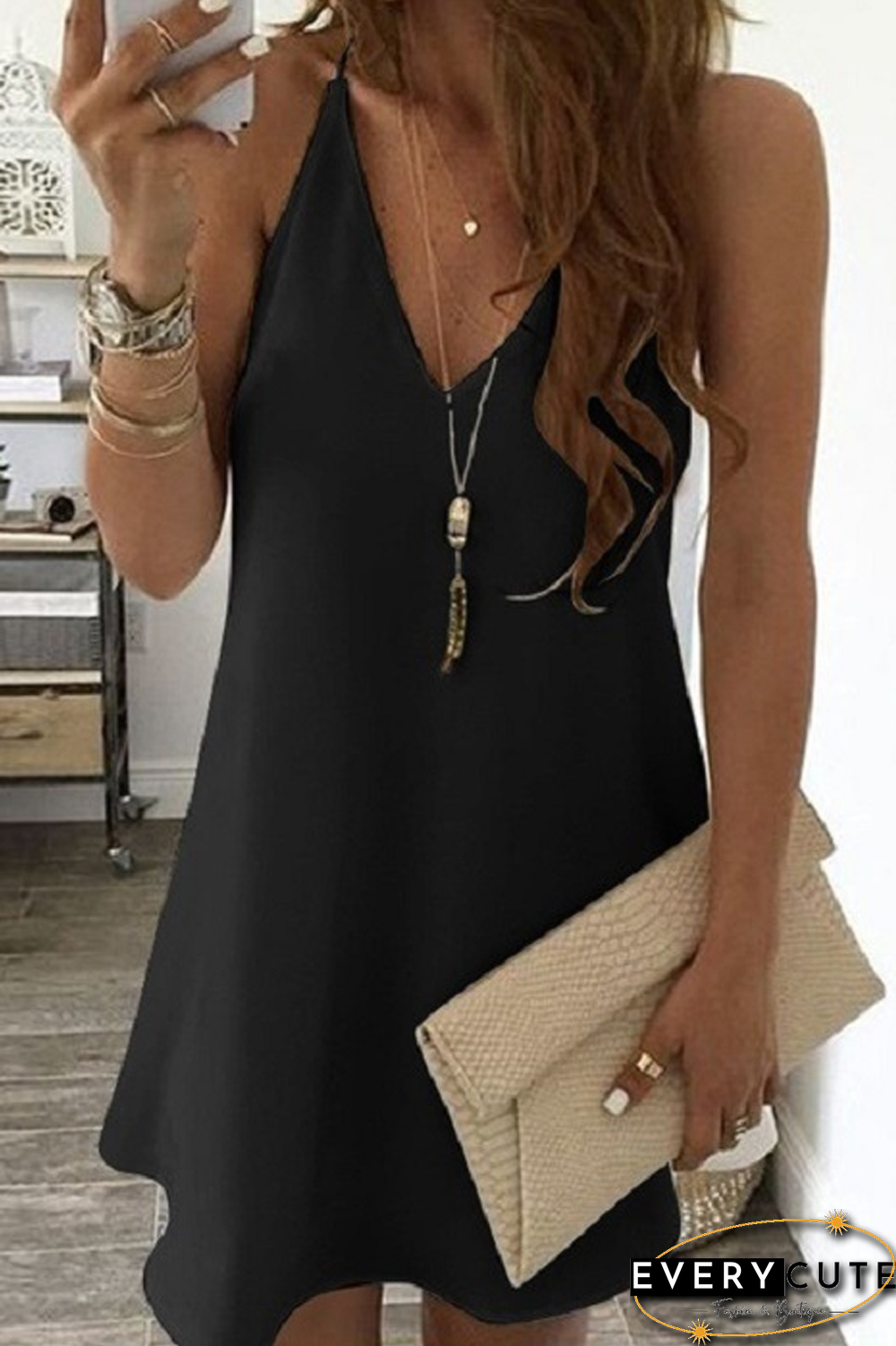V-Neck Solid Color Sleeveless Midi Dress