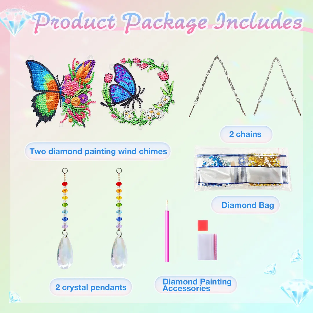 2Pcs Wreath Butterfly DIY Double-Sided Diamond Painting Hanging Kits Diamond Painting Suncatcher Craft Kit for Home Garden Wall Decor Gift
