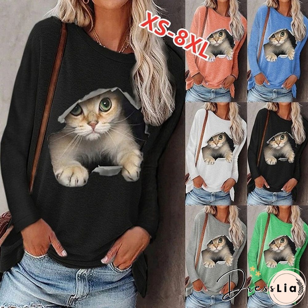 XS-5XL Plus Size Fashion Women Spring and Autumn Casual T-shirts Long Sleeve Hoodies Cute Cat Print Pullover Tops Round Neck Tops