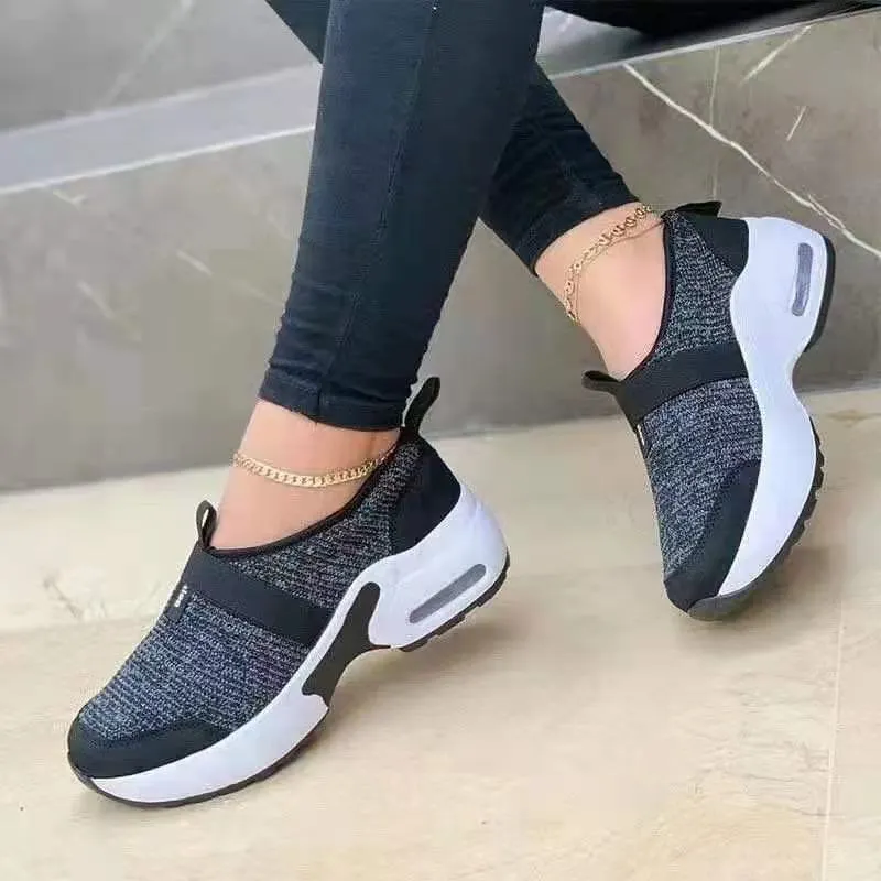 Women's Casual Shoes Solid Color Knitted Mesh Air Cushion Sneakers Comfortable and Lightweight Outdoor Non-slip Running Shoes