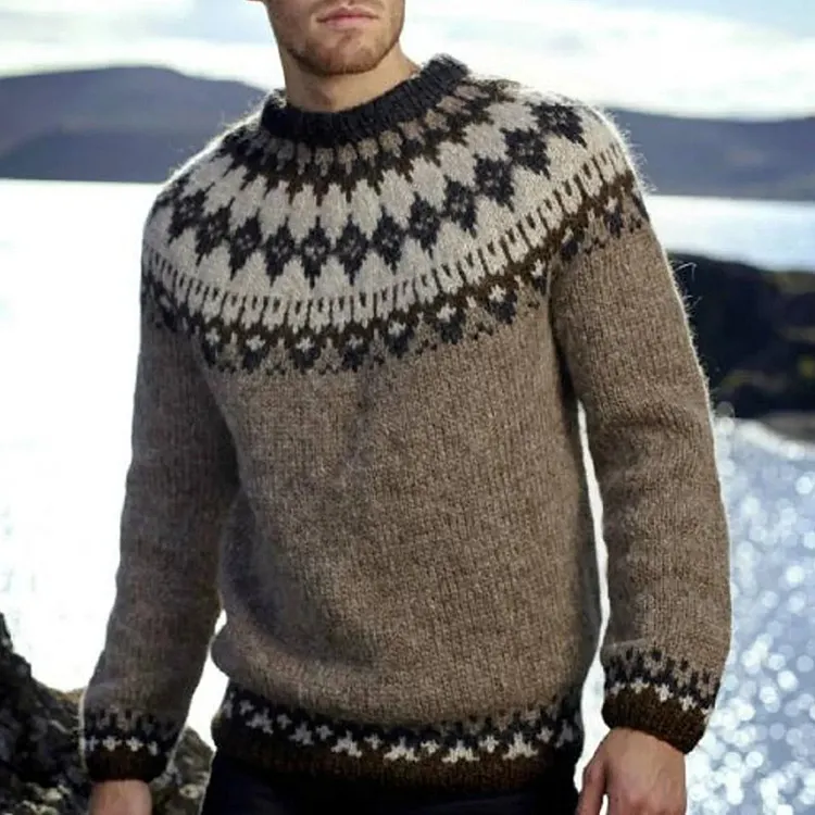 Men's Vintage Fairman Island Knit Jacquard Crew Neck Sweater