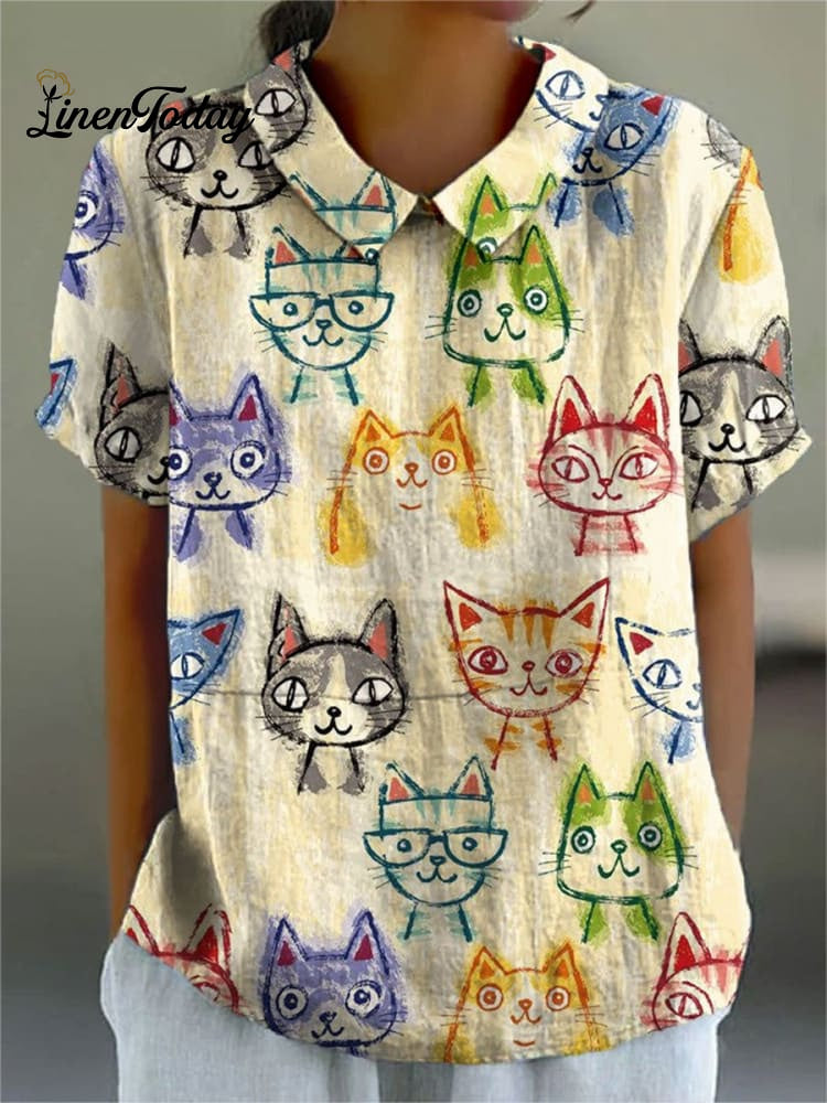 Women&rsquo;s Cute Cat Art Print Casual Cotton And Linen Shirt Top4 / S