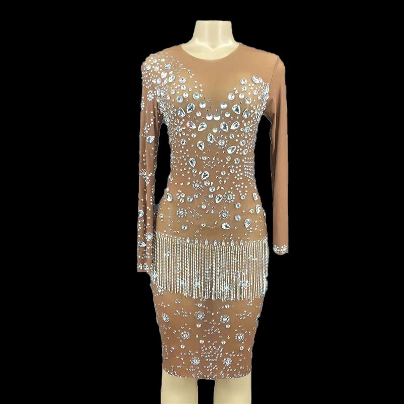 GOOSHOE Rhinestone Fringe Transparent Bodysuit Women Outfit Prom Outfit For Party