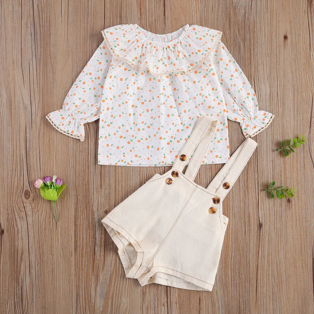 Children Baby Girls 2Pcs Outfit Set, Girl's Ruffled Crew Neck Sleeve Flower Leaf Shirt Printing Solid Button Overalls