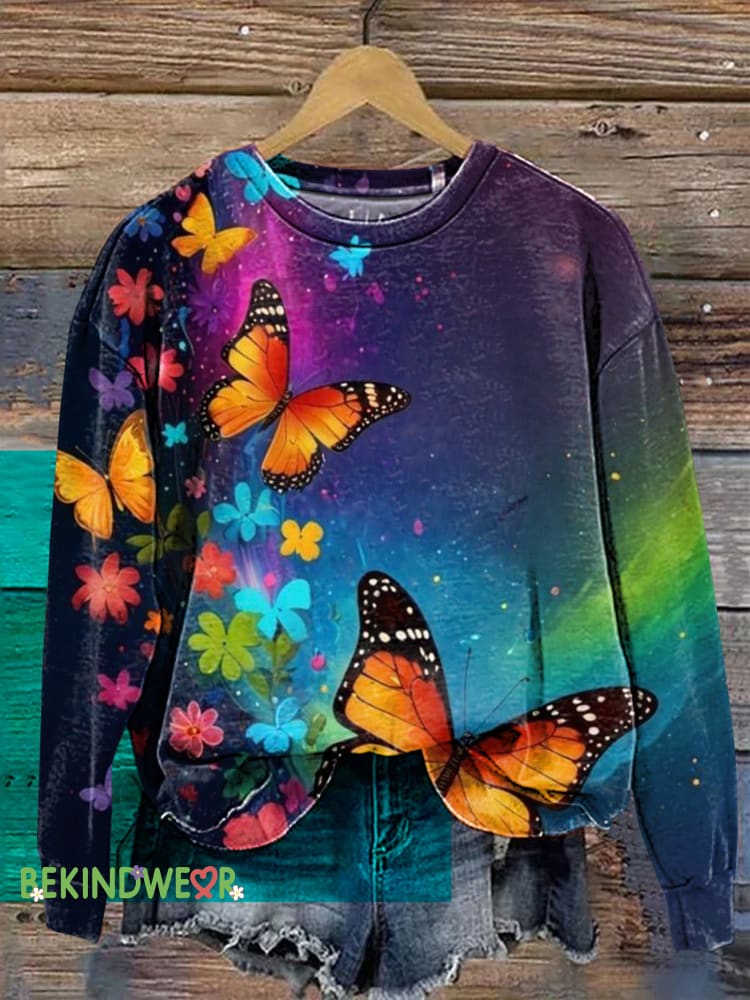 Fantasy Butterfly Gradient Print Casual Sweatshirt Multicolor / S