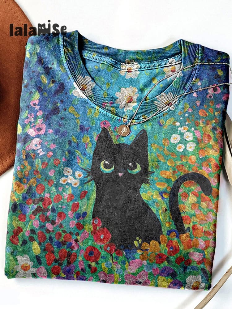 Unisex Vintage Cat Art Print T - Shirt Multicolor / S