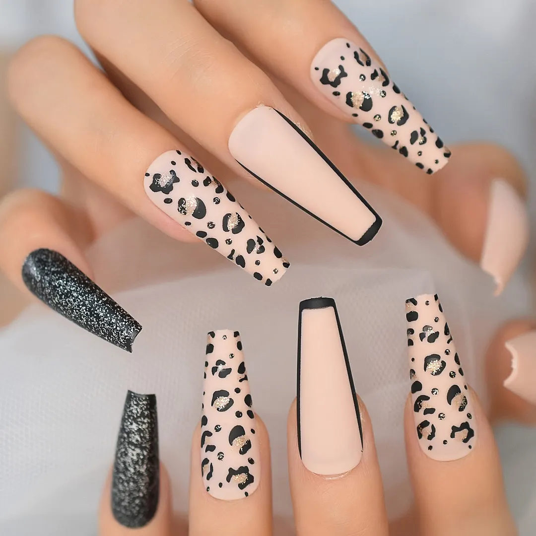 Glitter Nails Tips With Design Charms Leopard Wild Supplies For Professionals Press On Nails Coffin Extra Long EchiQ Nails Set-Nail Inspo