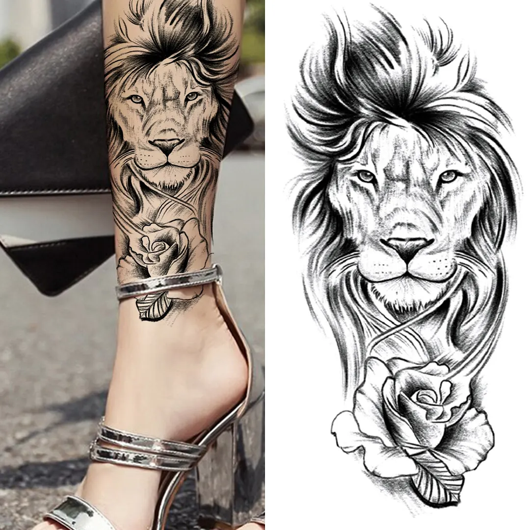 Cross Lion Temporary Tattoo For Women Men Adult Skull Tiger Wolf Forest Tattoo Sticker Black Fake Realistic Demon Tatoos Forearm 530