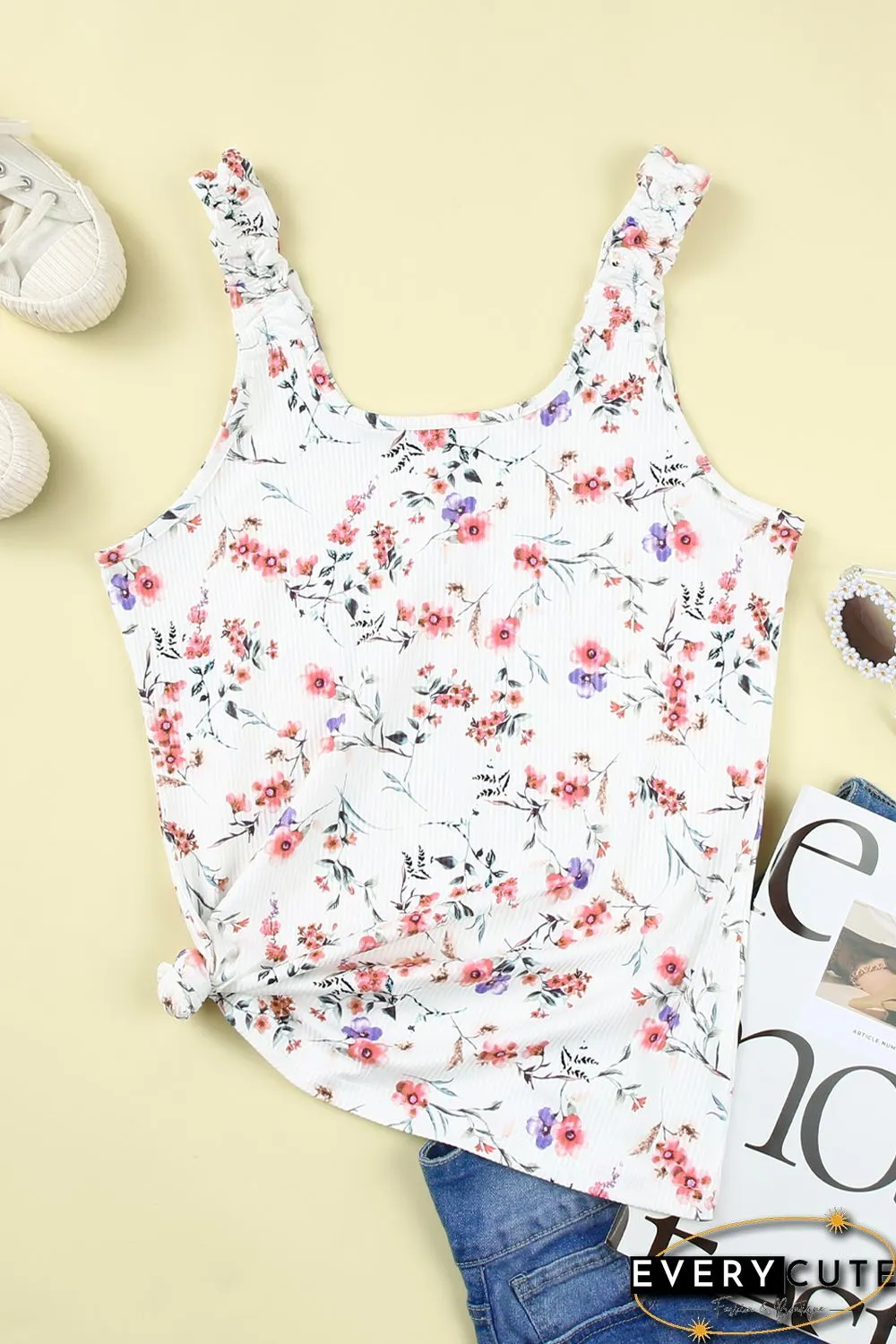 White Ruffle Straps Floral Rib Knit Tank Top