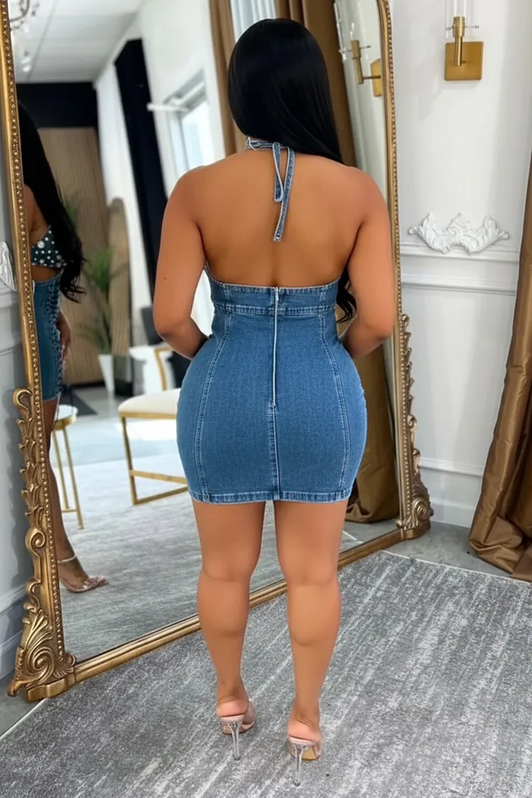 Denim Halter Backless Cut Out Lace Up Casual Mini Dresses-Blue [Pre Order]