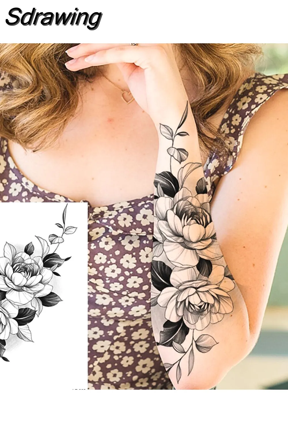 Sdrawing Peony Flower Temporary Tattoos For Women Adults Realistic Compass Moon Pendant Fake Tattoo Sticker Arm Body Tatoos 507-1
