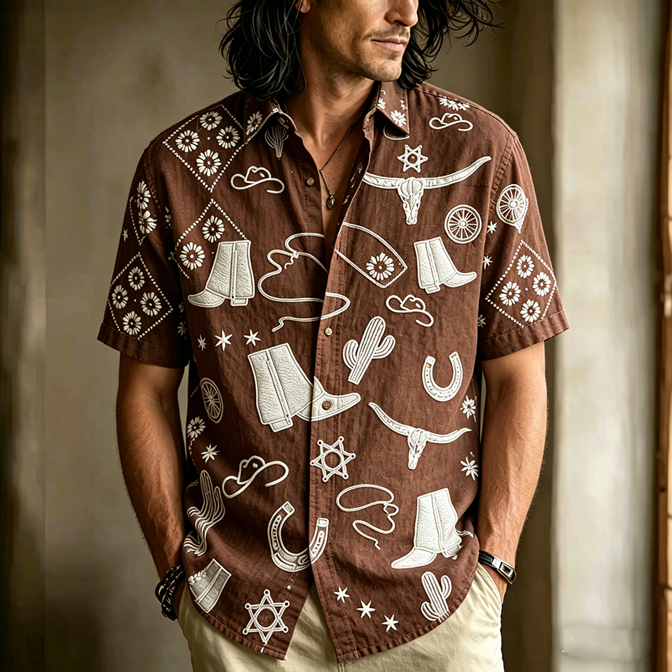 Retro Western Style Element Pattern Design Casual Linen Men's Short-sleeve Shirt  artssus