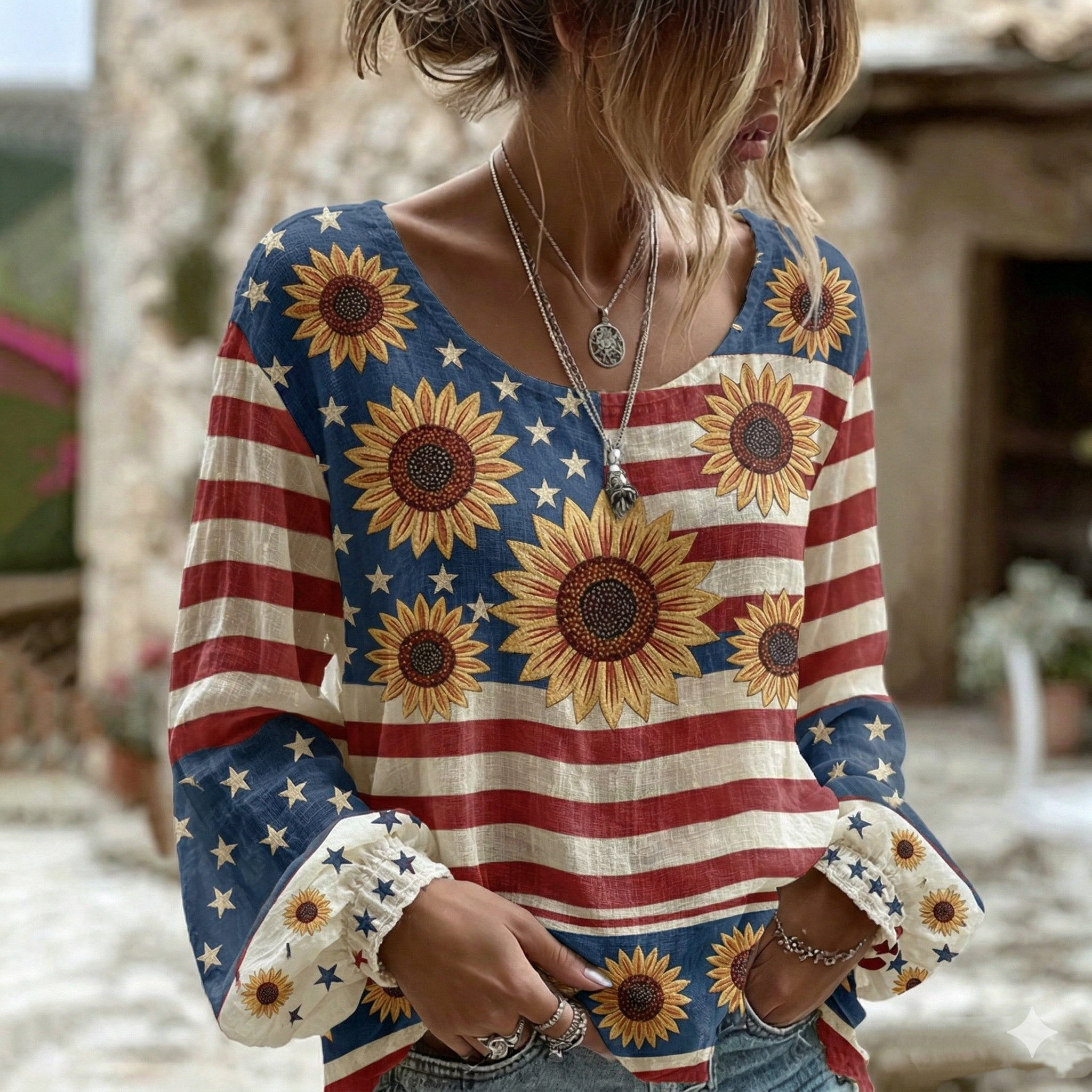 Comstylish Women's Vintage Independence Day Flag Sunflower Print Linen Blend T-shirt
