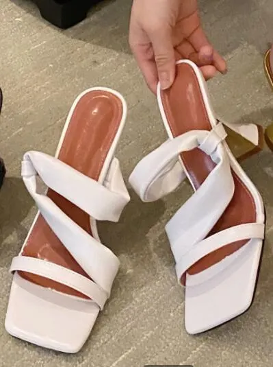 Aneikeh Women's Shoes 2021 NEW Summer Fashion Pleated Sweet Narrow Band PU Solid Stiletto Heels Slippers Retro Zapatos De Mujer