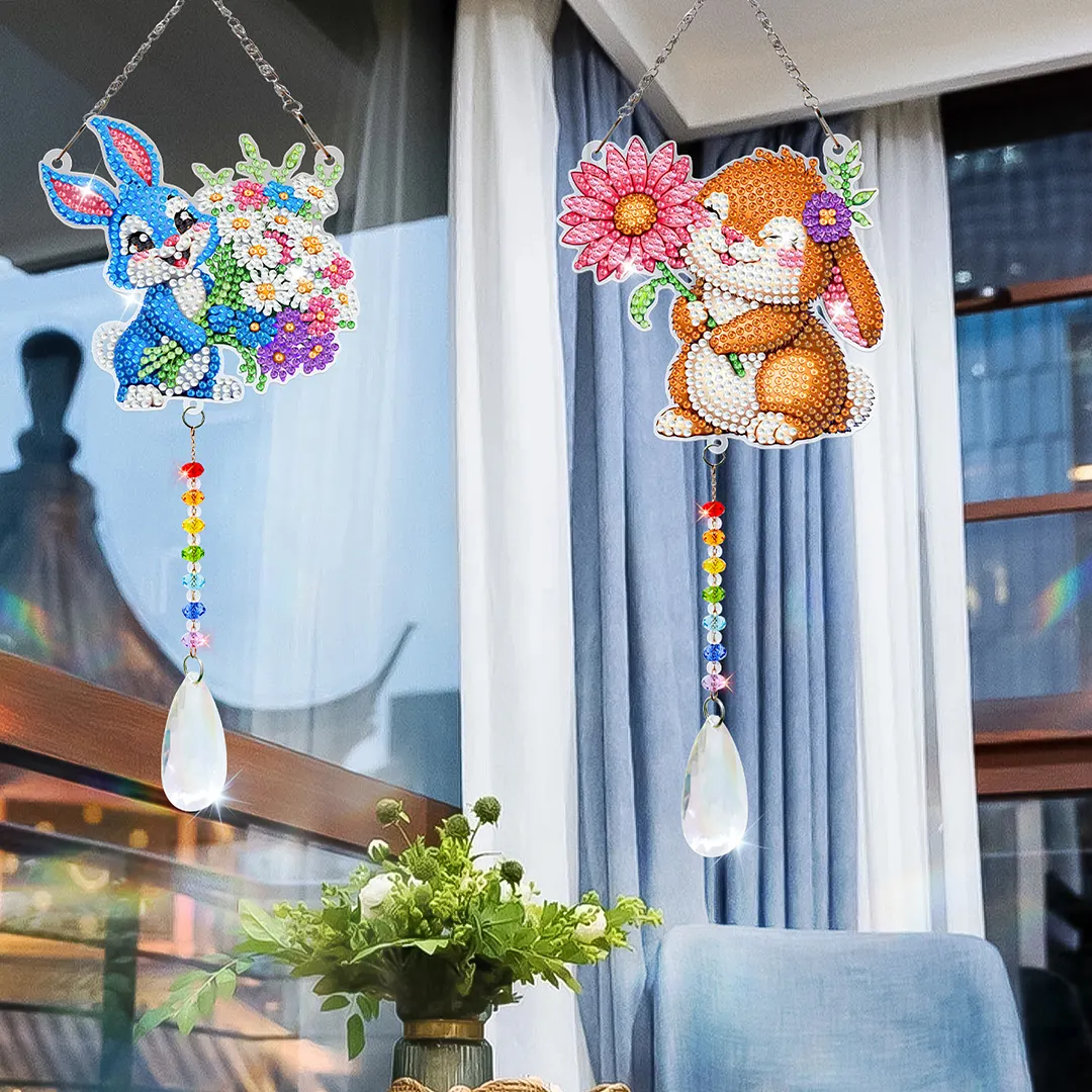 2Pcs Flower Rabbit DIY Double-Sided Diamond Painting Hanging Kits Diamond Painting Suncatcher Craft Kit for Home Garden Wall Decor Gift