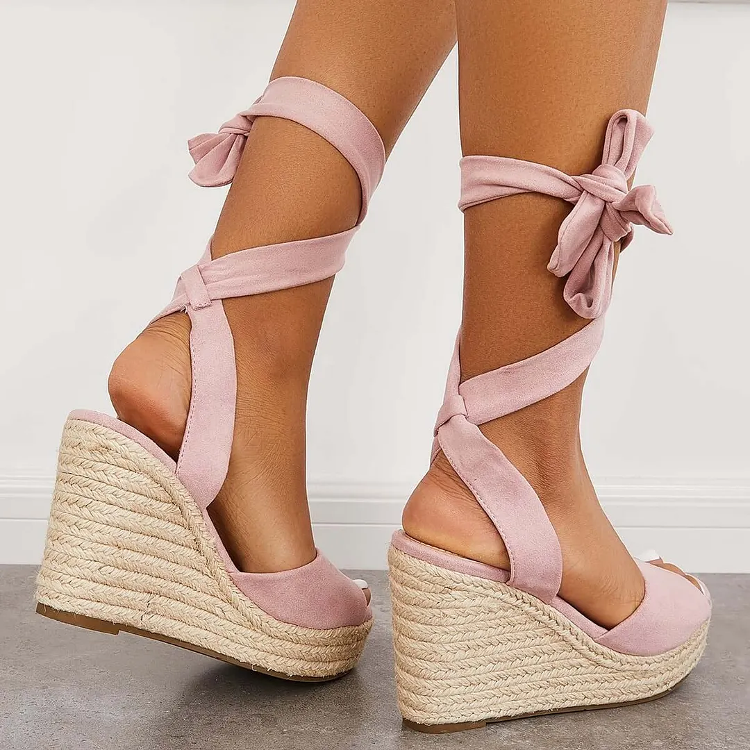 Lace up Espadrille Heel Platform Wedges Ankle Strap Sandals